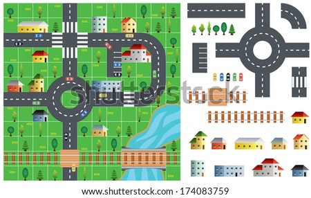 City map toolkit with road, buildings and trees vector illustration