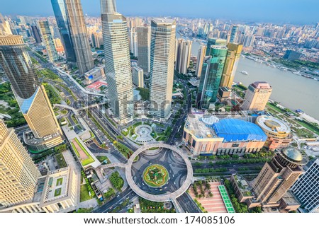 a bird's eye view of shanghai lujiazui financial center in the afternoon, China 