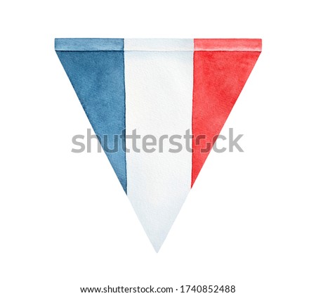 Water color illustration of triangular bunting flag of France. One single object. Hand drawn watercolour graphic drawing on white background, cutout clip art element for design, banner, greeting card.