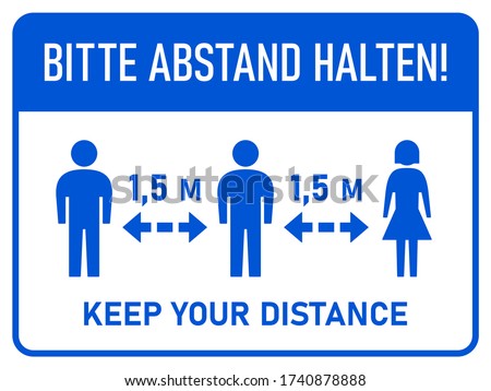 Bitte Abstand Halten ("Please Keep Your Distance" in German) Bilingual Horizontal Social Distancing 1,5 m or 1,5 Metres Instruction Sign with an Aspect Ratio of 4:3. Vector Image. Royalty-Free Stock Photo #1740878888