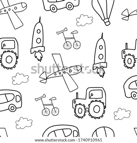 Children's transport vector seamless pattern black line with cars,
rocket,tractor, bike, airplane on a white isolated background. Design for coloring and wrapping paper.