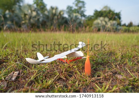 Rubber band powered airplane which flies using the potential energy stored by rotating the propeller