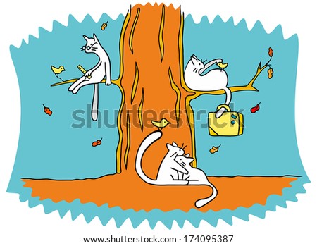 three white cat with its fabulous birds in the autumn forest