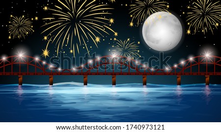 River view with celebration fireworks background illustration