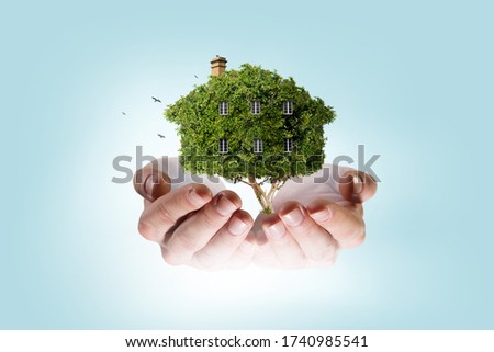 Hand holding green house . Mixed media