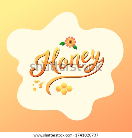 Handwritten lettering honey on the abstract liquid gradient background. Honey, propolis, and honeycombs. Nutrition, medicine and cosmetology. Natural organic honey vector banner with text.