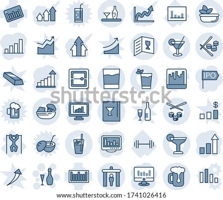 Blue tint and shade editable vector line icon set - security gate vector, wine, growth statistic, monitor, barbell, pull ups, statistics, barcode, scanner, bar graph, alcohol, card, drink, cocktail
