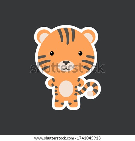 Cute funny baby tiger sticker. Jungle adorable animal character for design of album, scrapbook, card, poster, invitation. Flat cartoon colorful vector illustration.