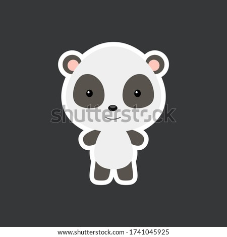 Cute funny baby panda sticker. Adorable animal character for design of album, scrapbook, card, poster, invitation. Flat cartoon colorful vector illustration.