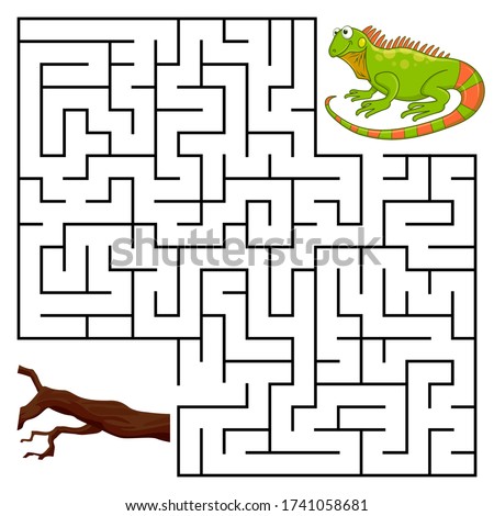 Square maze for kids with cartoon Iguana. Find right way to the Branch. Entry and exit. Puzzle Game with answer. Learning Labyrinth conundrum. Education worksheet. Activity page. Logic Games for kids.