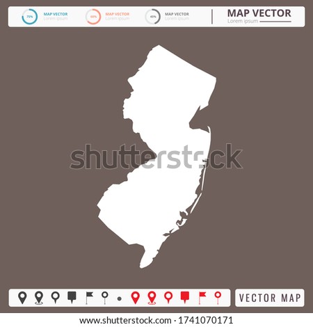 Vector map of New Jersey Brown background and pins icon.
