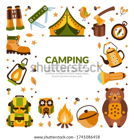 Camping Banner Template with Hiking Equipment, Summer Adventures, Mountaineering, Hiking, Trekking on Nature Vector Illustration