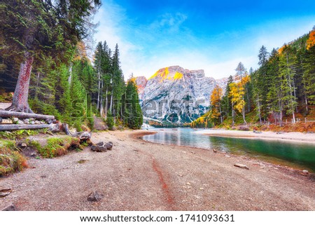 Amazing scenery of famous alpine lake Braies at autumn. Location:  national park Fanes-Sennes-Braies, region Trentino-Alto Adige , province Bolzano, Italy, Europe