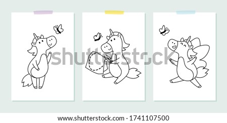 Vector set with cute unicorns with butterfly in the childish style. Vector illustration for coloring book. Outline black and white picture for children.