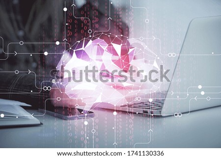 Double exposure of woman on-line shopping holding a credit card and brain hologram drawing. Data E-commerce concept.