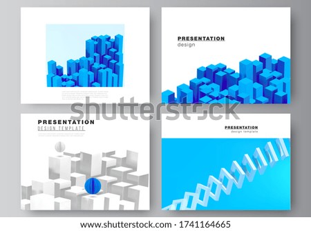 Vector layout of presentation slides design templates, template for presentation brochure, brochure cover, business report. 3d render vector composition with dynamic geometric blue shapes in motion.