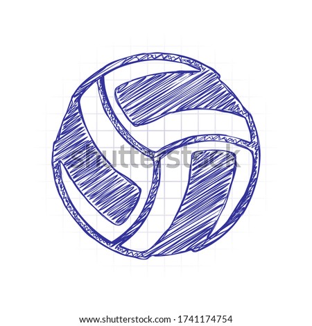 Volleyball ball, beach sport. Hand drawn sketched picture with scribble fill. Blue ink. Doodle on white background
