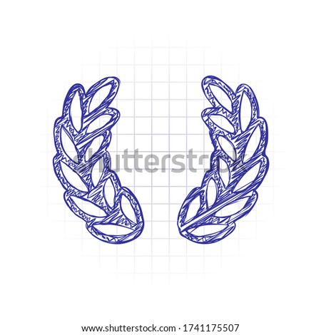 Laurel wreath, champion olive, outline design. Hand drawn sketched picture with scribble fill. Blue ink. Doodle on white background