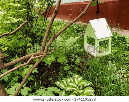 A self-made birdhouse in the front garden next to the apartment building.