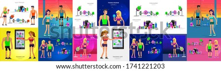 Gym design concept with Vector detailed character men and women bodybuilder. Workout with fitness equipment and sports nutrition, cool flat illustration. Web banner template