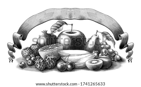 Fruits illustration with banner vintage engraving style black and white clip art isolated on white background