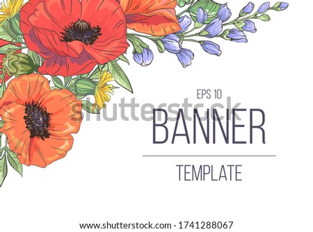 Template with poppy on white background. Vector delicate invitation with poppy for wedding, marriage, bridal, birthday, Valentine's day. mothers day