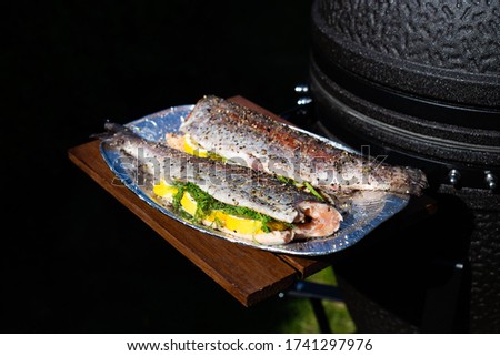 Close up picture of fresh raw trout with spices, lemon, pepper, and rosemary on folium plate near a grill. 
