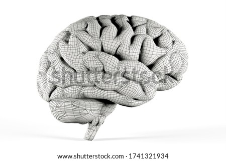 3d illustration of human brain coated with black mesh over light background with soft shadow. 