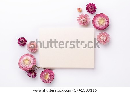 Flower composition. Blank of paper and frame made of dry flowers on white background. Flat lay. Top view. Copy space - Image