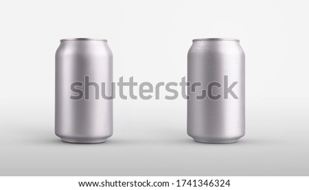 Mockup of a small standing metal bottle with water drops, for design presentation. Tin can template with condensate isolated on a white background. Set of aluminum containers with soda or beer