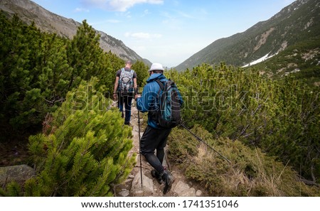 Two young men walk down a path with sticks and backpacks at the mountain. Hikers in Pirin mountain, Bulgaria. Beautiful spring green landscape Royalty-Free Stock Photo #1741351046