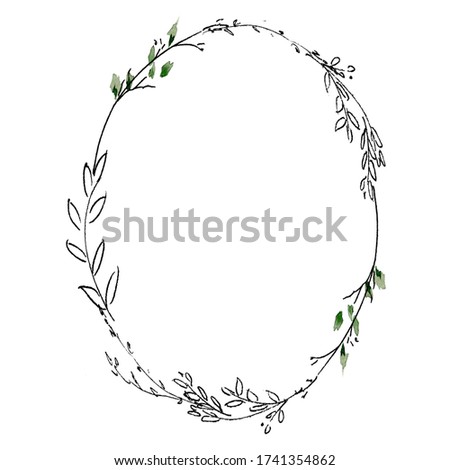 Watercolor green branches and stalks wreath. Handdrawn linear illustration on white background. Spring round frame isolated. Ideal for invitation, bridal shower, greeting card, wedding, design