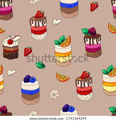 Seamless pattern with delicious pastries. Colorful sweet cakes in vector. For your design or fabric.