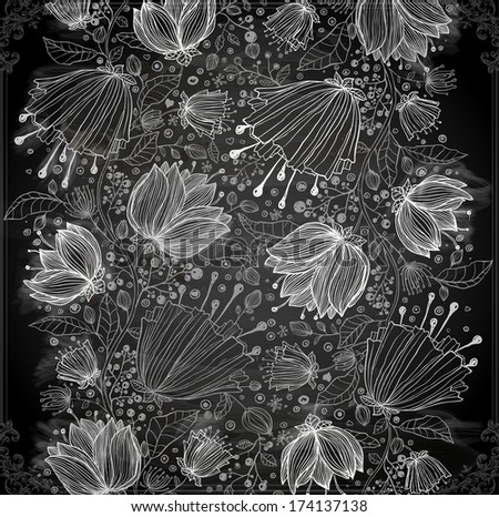 Stylish floral background, hand drawn retro flowers. Chalk style, Chalkboard background. Blackboard illustration variant.