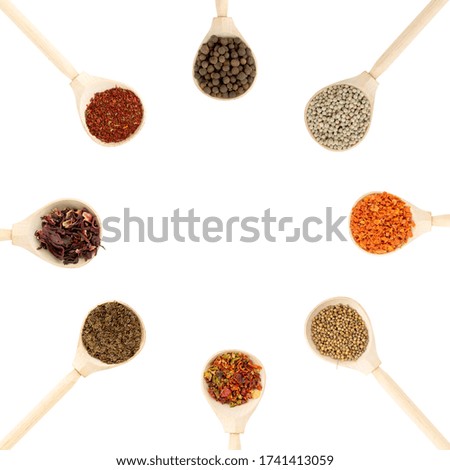 Collection of spices in wooden spoons, isolated on white