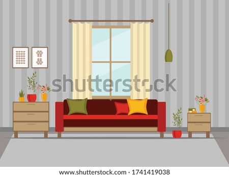living room interior with furniture, flat cartoon vector illustration