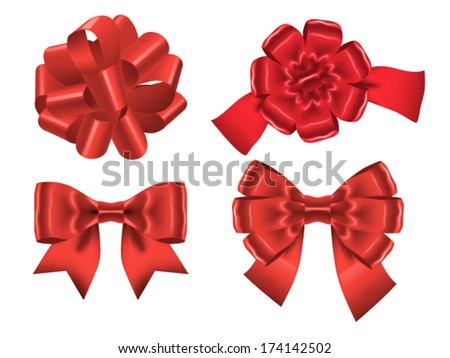 Set of four red ribbon bows isolated on white. Vector illustration