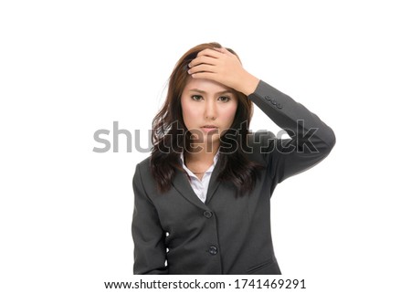 Coronavirus fever young business Asian woman suffering from headache desperate and stressed because pain and migraine with blank copy space,isolated on white background
