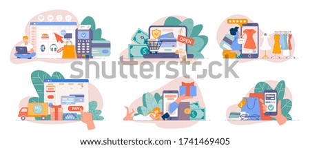 Online store payment. Mobile shopping from smartphone app and pay online with credit card. Payment concept for online business flat vector illustration. Buy from laptop on web shop concept Royalty-Free Stock Photo #1741469405