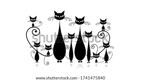 Funny cats family with kittens, black silhouette. Vector illustration