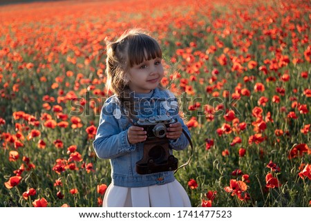 Little girl photographs poppy fields. Professions.