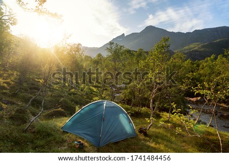 Tent in the woods on a hillside overlooking the mountain, beautiful sunny summer landscape, escape into nature. Local Travel Trend, Norway