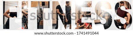 Collage of a diverse group of fit people smiling while working out together in a gym with an overlay of the word fitness