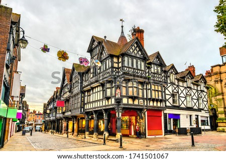Traditional English Tudor architecture houses in Chester, England Royalty-Free Stock Photo #1741501067