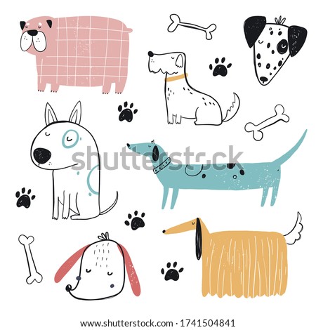 Vector hand-drawn color childish simple set with cute dogs, bones and paws in Scandinavian style on a white background. Set with dogs for kids. Dogs print. Cute baby animals.
