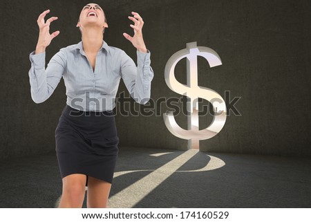 Furious businesswoman gesturing against dollar sign door