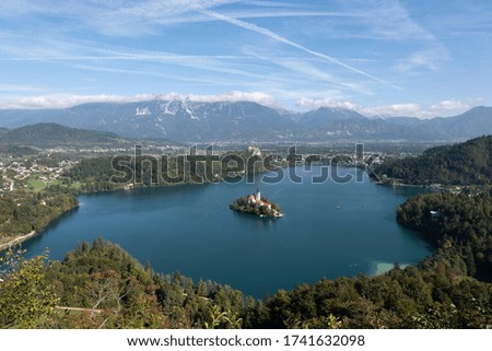 Morning view of famous lake Bled and small island with a church in Slovenia