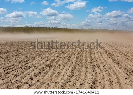 wind with dust over dried field after several days without rains Royalty-Free Stock Photo #1741640411