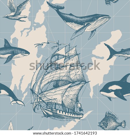 Vector abstract seamless pattern on the theme of sea travel, adventure, discovery. Old map background with islands, hand-drawn sailboats and various sea inhabitants in retro style