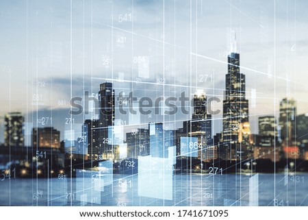 Double exposure of abstract virtual statistics data hologram on Chicago city skyscrapers background, statistics and analytics concept